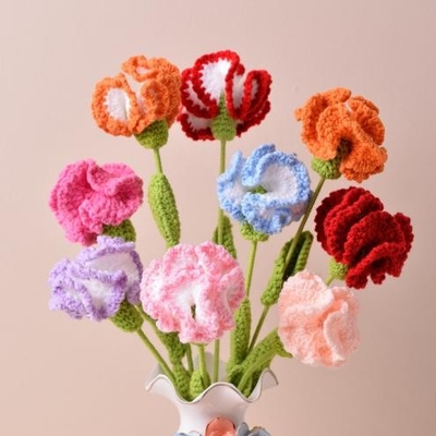 Bom preço. Prémio Dia das Mães Bouquet feito à mão com cravo de crochê acabado Flores artificiais Multicolor 20x5cm on-line
