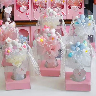 comprar Flores tricô à mão Perfeito presente do dia da mãe para a mãe Tecido Flor artificial Bouquet Abraço Balde Decoração Souvenir Fabricação em linha