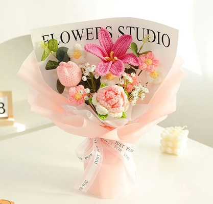 comprar Já feito de tecido artificial rosa azul crochet buquê de flores para aniversário dia dos namorados presente Fabricação em linha