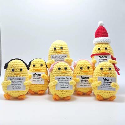 comprar Engraçado crochê kawaii recheado emocional positivo pato brinquedo de pelúcia engraçado malha positivo pato crochê boneca saco pingente presente Fabricação em linha