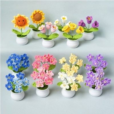 Bom preço. Finado tecido à mão lírio do vale em pote decoração de casa flor artificial de lã tricô buquê de crochê flor artificial presente on-line