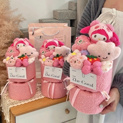 Bom preço. 520 presente de aniversário do dia dos namorados para meninas Kuromi Sanrio bonecas de desenhos animados bonecas buquês on-line