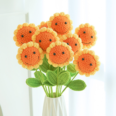 Bom preço. 10x43cm Flor de sol de malha artesanal com rosto sorridente Variedade Flor de sol Dia do professor Flor artificial presente on-line