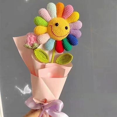 Bom preço. Pile de tricô colorido Bouquet de girassol Flores perpétuas Arco-íris Girassóis artificiais Arranjo floral de fios DIY on-line