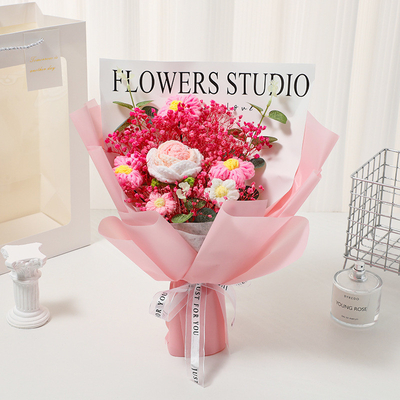 Bom preço Rosa e Respiração do Bebê Flores secas Bouquet de tricô de fios de tecido à mão Arranjo floral 30x30cm on-line