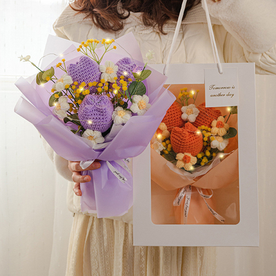 Bom preço 30x35cm Pile de malha feita à mão Bouquet de fio de tulipa Grande presente do Dia da Mãe on-line