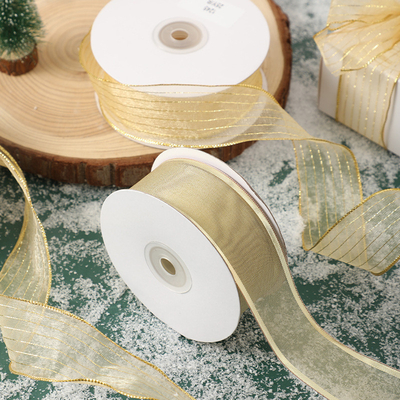 Faixa de Natal de poliéster para embalagem de panificação 4cm/25m Metal Wire Edge Embalagem de presente Faixa Rede Faixa de neve Decoração da faixa
