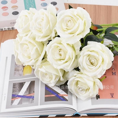 Buquê de rosas simulado, flor de seda, flor de plástico, flor falsa, decoração de sala de estar de ramo único, flor seca, decoração da mesa de jantar, arte de flores vermelhas de casamento