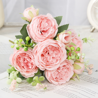 5 pequenas rosas artificiais, buquê de estilo coreano, flores artificiais de peônia persa e estrangeira, rosas de casamento caseiras.