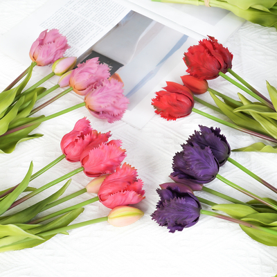Bom preço. Nova flor artificial de tulipa de borracha macia ondulada de 5 cabeças, transfronteiriça, de alta qualidade, decoração para festas domésticas, flor artificial de tulipa on-line