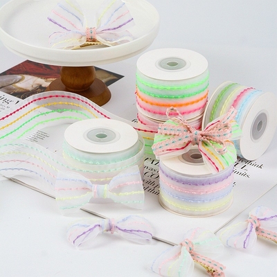 Quatro cores borbulha listrada fita de gaze transparente cabelo acessório DIY material de arco buquê fita de embalagem
