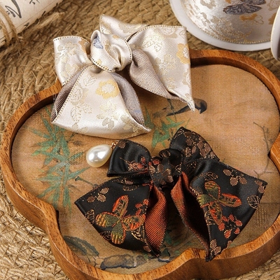 Estilo chinês bordado de flor de borboleta de um lado bordado fita de cetim faixa de madeira de arco faixa de cabelo clip acessórios gravata de flores