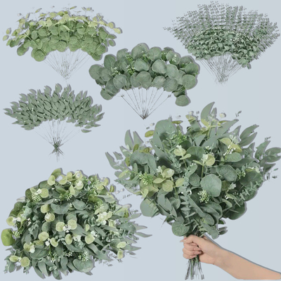 Bom preço. Simulação de uma única folha de dinheiro, folha de eucalipto, pequeno feixe de flores, acessórios de arranjo de flores de casamento da série Insen de 5 garfos, decoração de material on-line