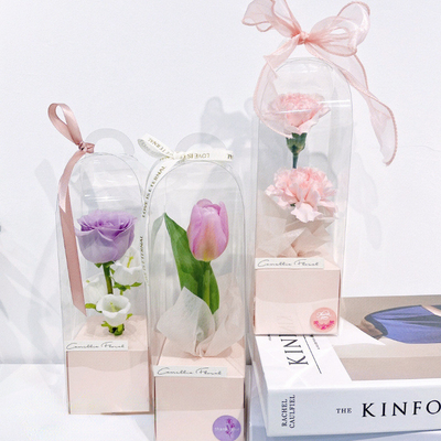 PVC transparente rosa panorâmica única caixa de arranjo de flores DIY, embalagem de flores de farol portátil, buquê de flores eterno material caixa de presente