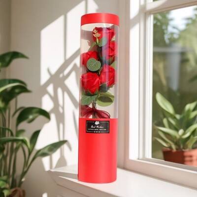 Bom preço. Buquê de rosas de sabão artesanal moderno, à prova d'água, cilindro transparente, caixa de presente, tamanho personalizado, presente floral para vários feriados, atacado on-line