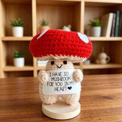 Bom preço. Artesanato contemporâneo feito à mão picles de crochê malha cogumelo boneca suporte emocional presente item legal outros artesanatos on-line