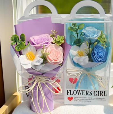 Bom preço. Luxo vermelho/rosa/roxo buquê de flores de sabão artificial caixa de presente transparente de longa duração presente romântico do dia dos namorados para ela on-line